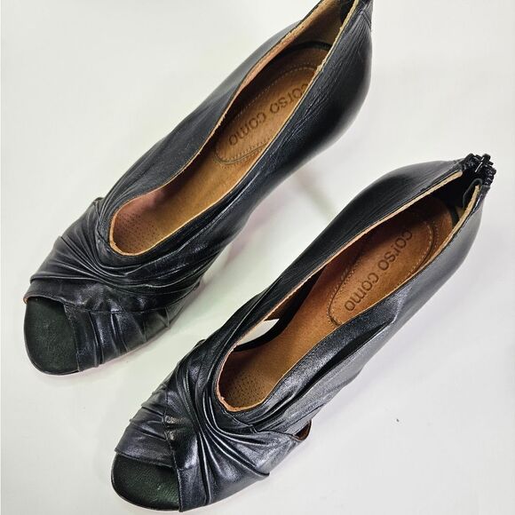 Corso Como Black Leather Draped Ruched Soft Zip Back Pumps Peep Toe Booties 8.5 - Picture 5 of 11